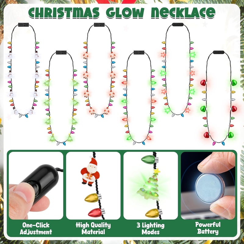 Traplace Store 12 Pack Christmas Necklace Lights, 6 Styles LED Glowing Bulbs Christmas Lights Necklace with 3 Modes, Light Up Xmas Favors, Fun Xmas Party Supplies for Ugly Sweater New Year Eve Accessories - Image 4